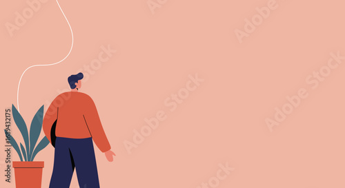 Minimalist illustration of a man looking forward next to a houseplant, symbolizing personal growth, new opportunities, and quiet contemplation.