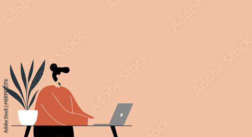Professional woman working on laptop at a minimalist desk with a plant, symbolizing remote work, productivity, and a modern digital lifestyle in a calm environment.