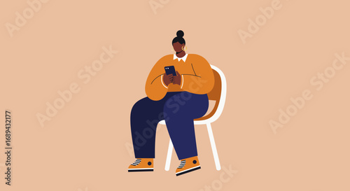 Woman sitting, using her smartphone. Represents digital communication, social media, remote work, and modern lifestyle concepts.