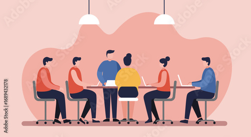 Diverse team collaborating in a modern office meeting. Perfect for business concepts, teamwork, and professional development.