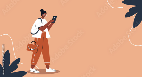 Modern woman walking and focused on her smartphone. Ideal for concepts of digital lifestyle, technology, communication, and social media.
