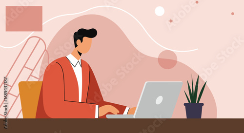Professional man in red jacket working diligently on laptop at a desk in a modern, abstract home or office setting. Ideal for remote work, online learning, or business concepts.