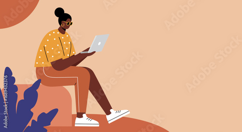 Focused Black woman working remotely on laptop in a stylish, relaxed setting. Ideal for themes of digital nomad, freelance, or online learning.