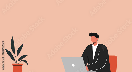 Professional man working diligently on a laptop in a modern, minimalist workspace. Concept of remote work, business productivity, and digital lifestyle.
