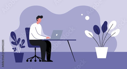 Man working diligently on a laptop at a modern desk with plants, illustrating remote work, productivity, and a contemporary home office or business environment.