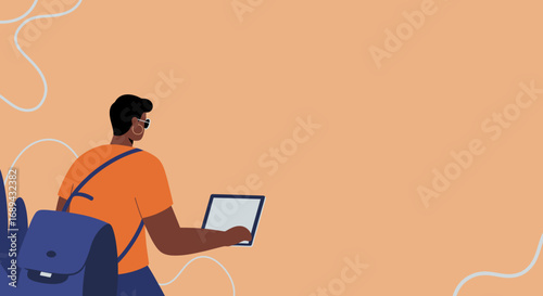Stylish person with backpack and tablet, embodying digital learning, remote work, or modern travel. Focus on connectivity and a contemporary lifestyle.