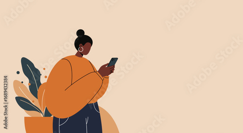 Stylish woman uses a smartphone, engaging with digital content, social media, or online communication. Ideal for technology, lifestyle, and business concepts.