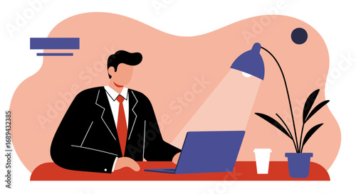 Focused professional man using laptop at a modern workspace, symbolizing business, digital work, and corporate efficiency.