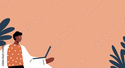 Stylish person in glasses using a laptop for remote work or online learning, surrounded by modern natural elements on a peach background. Ideal for business, technology, and lifestyle content.