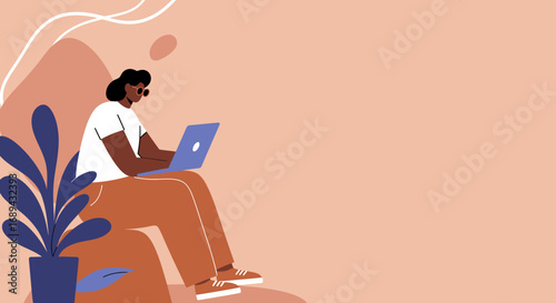 A modern illustration of a person working remotely on a laptop in a relaxed setting. Ideal for themes of online business, freelance work, and digital lifestyle.