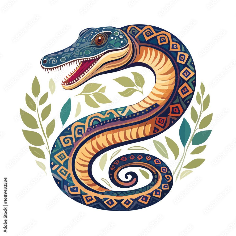 Obraz premium Stylized Serpent with Decorative Pattern and Foliage on Black Background