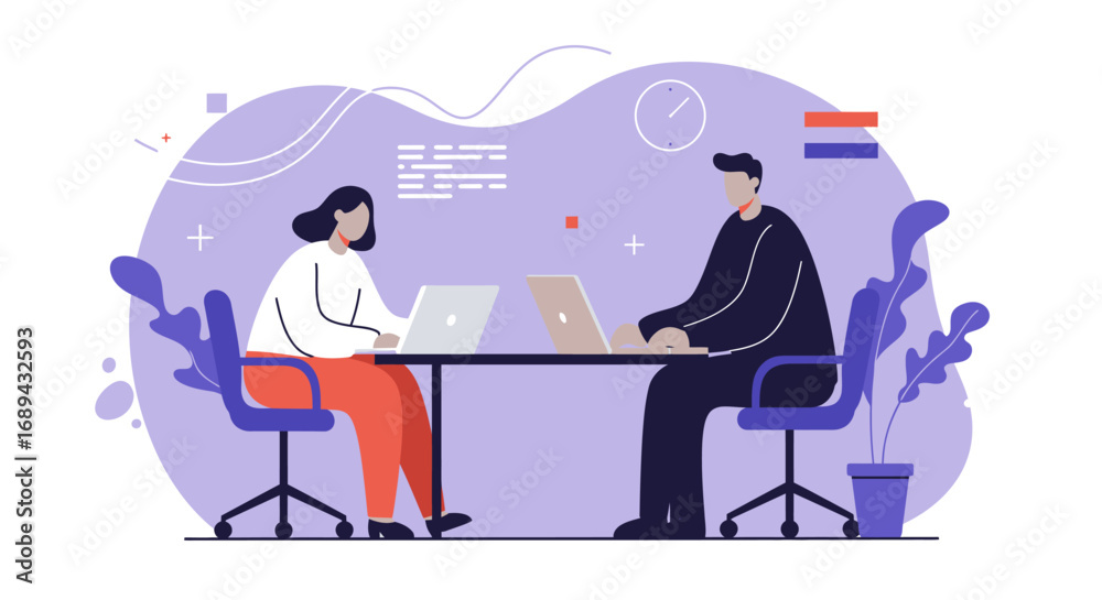 Fototapeta premium Professional man and woman collaborating on laptops in a contemporary office setting, representing focused work and business productivity.