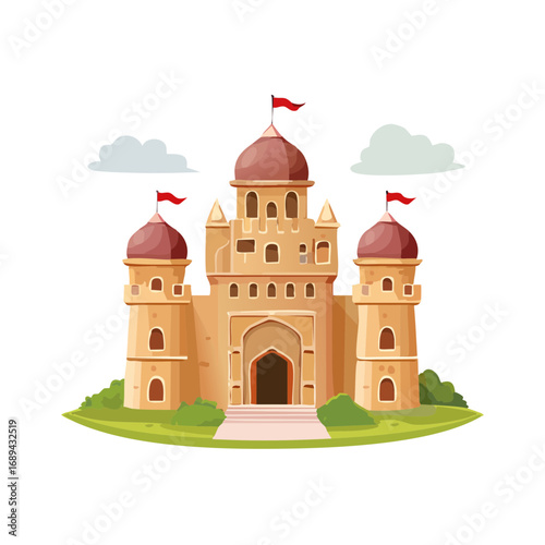 Cartoon Illustration of an Ornate Sandstone Castle with Red Flags on a Small Grassy Hill
