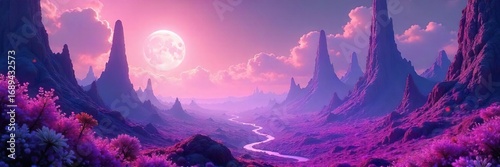 Ethereal alien landscape, vibrant purple skies, towering crystalline structures, otherworldly flora, surreal textures  Strange, beautiful, and mysterious alien world  ,  fantasy art,  unusual