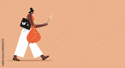 Modern woman on the move, multitasking with a laptop and eco-friendly shopping bags. Represents remote work, connectivity, and a busy, independent lifestyle.