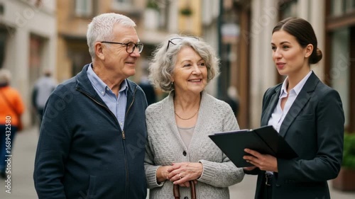 An elderly couple is talking to a bank consultant on a city street