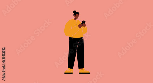 An illustrated young Black woman checking her smartphone, depicting modern communication, digital lifestyle, and social media connectivity.