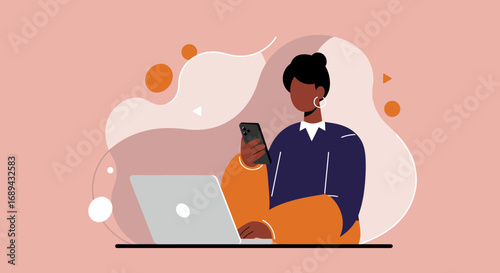 Modern professional woman efficiently multitasks with a laptop and smartphone, embodying digital connectivity, remote work, and productivity.