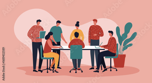 Diverse business team collaborating in a modern office meeting, discussing ideas and planning strategy. Represents teamwork, innovation, and professional productivity.