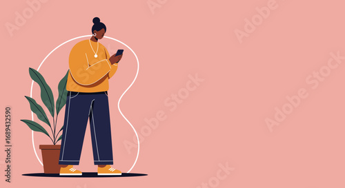 Woman focused on her smartphone, engaging with digital content or communication. Perfect for modern lifestyle, technology, or social media concepts. Minimalist design.