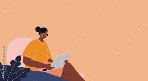 Relaxed woman working remotely on her laptop. Perfect for themes of digital nomadism, online learning, casual business, freelance, and modern lifestyle.