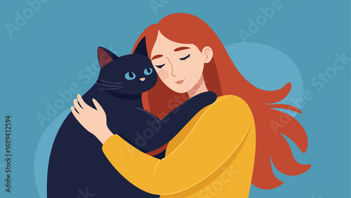 Vector Illustration of a Young Woman with a cat Long Auburn Hair