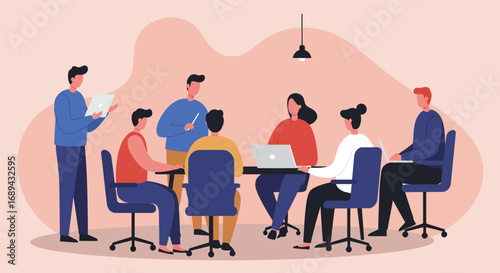 Diverse business team collaborating in a modern meeting, sharing ideas and planning strategy. Professional environment for teamwork and innovation.