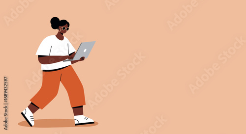 Professional Black woman walking and working on a laptop, symbolizing remote work, productivity, and a flexible modern lifestyle. Perfect for business and technology themes.