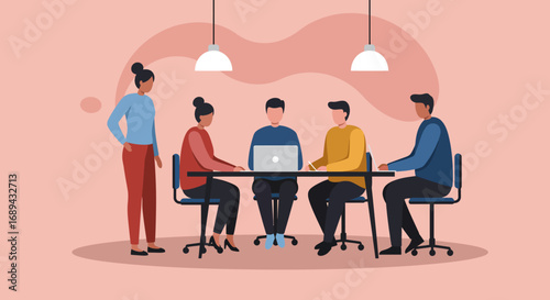 Diverse business team collaborating in a modern office meeting, discussing strategies and ideas. Ideal for teamwork, innovation, and professional development.