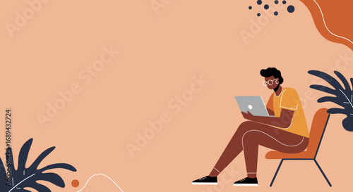 A focused man works remotely on his laptop, embodying modern productivity, digital lifestyle, and online learning in a comfortable setting. Ideal for business, education, or technology themes.