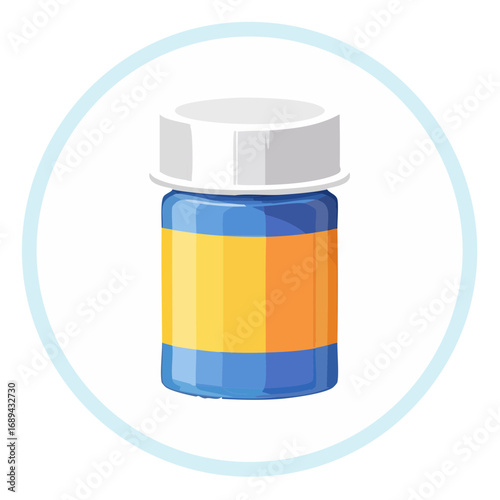 Blue bottle with blank label for pills or vitamin supplements on white circle background