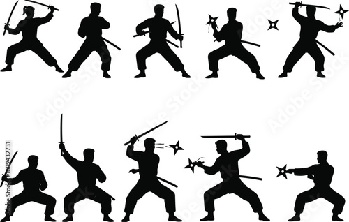 Ninja warrior silhouettes, male ninja fighting poses, sword and shuriken, martial arts vector, action ninja clipart, combat ninja stance