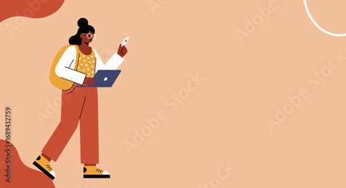 A professional woman walks, multitasking with a laptop and smartphone, embodying modern digital work, education, and connected lifestyle.
