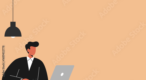 Professional man in suit focused on laptop under a modern lamp. Ideal for business, technology, and remote work concepts with ample copy space.