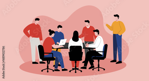 Professional business team collaborating in an office meeting, discussing ideas, strategy, and planning. Highlights teamwork, communication, and project development.