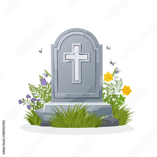 Grave marker with cross surrounded by flowers and butterflies against black background
