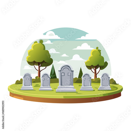 Cartoon cemetery scene with tombstones on a green hill under a cloudy sky surrounded by trees conceptual spooky landscape