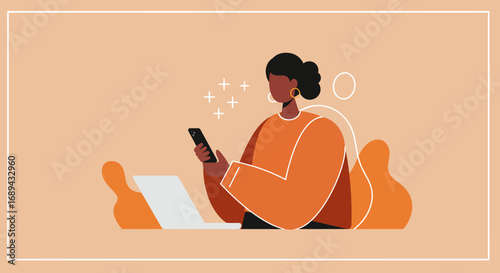 Modern woman uses a smartphone and laptop, highlighting concepts of digital communication, remote work, and connected lifestyle in a minimalist style.