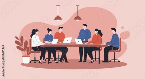 Professional business team collaborating on projects in a modern meeting room with laptops. Emphasizes teamwork, productivity, and corporate strategy.