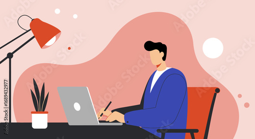 Professional man focused on work at his desk with a laptop and pen. Represents productivity, remote work, education, and business tasks.