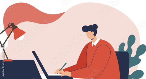 A focused individual works diligently on a laptop at a desk with a lamp, highlighting productivity, remote work, online learning, and creative pursuits. Ideal for business and lifestyle concepts.