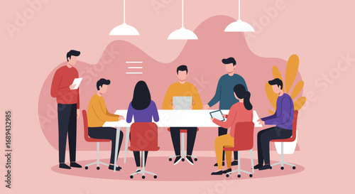 Diverse business team collaborating in a modern office meeting, discussing strategies and ideas. Perfect for corporate, startup, and project management themes.