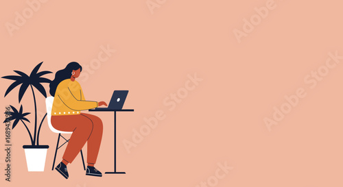 A young woman works remotely on her laptop with a stylus, demonstrating productivity and modern freelance lifestyle in a calm, focused setting. Ideal for business, tech, or education concepts.