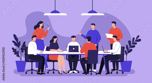 Diverse business team collaborating and discussing strategy in a modern office meeting room. Concept of teamwork, innovation, and professional productivity.