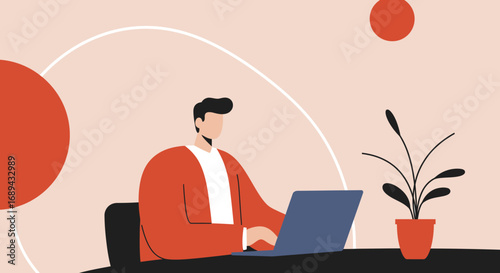 A focused man works efficiently on his laptop at a modern desk, representing productivity, remote work, and contemporary business solutions.