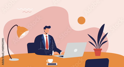 Professional businessman focused on work at his desk with a laptop, reflecting modern office productivity, remote work, and corporate success.