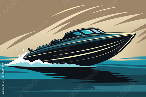 Black Powerboat Speeding Across Water Vector Design