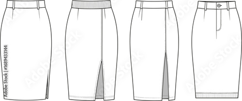 Pencil skirt CAD technical flat illustration, front and back views, fashion vector drawing, office skirt design, garment mockup