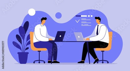 Two business professionals collaborate on laptops at a modern office desk, representing teamwork, online communication, and efficient project management.
