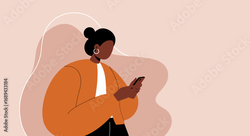 Modern illustration of an African American woman using her smartphone, engaged in digital communication, social media, or mobile work. Ideal for technology, lifestyle, and business concepts.